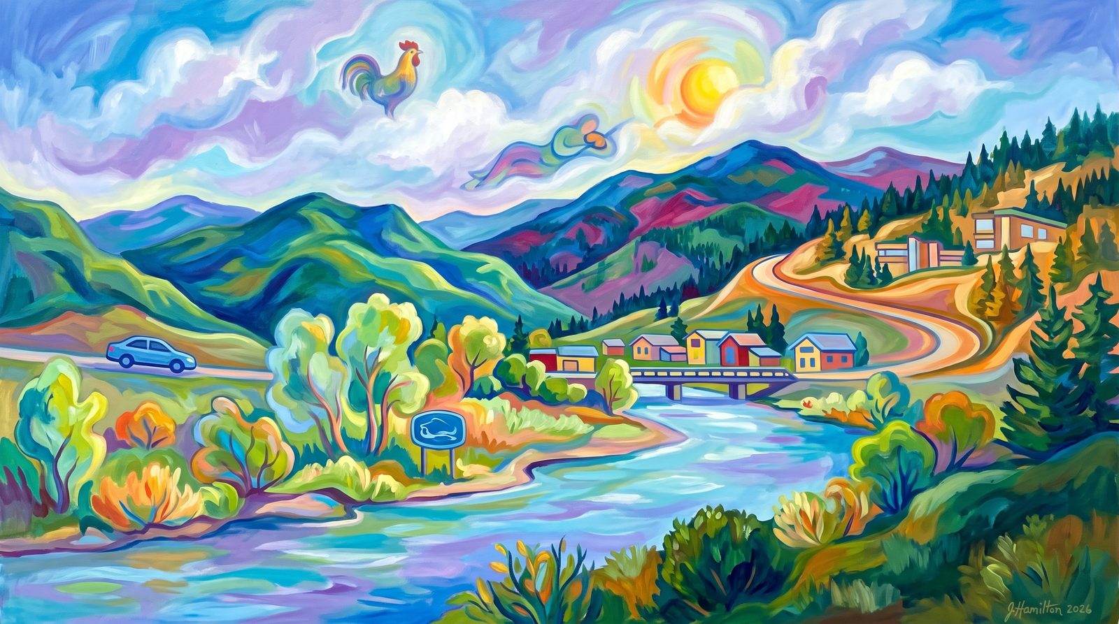 Painted city portrait of South Fork, CO — the South Fork of the Rio Grande & the Wolf Creek approach, informed by Marc Chagall.