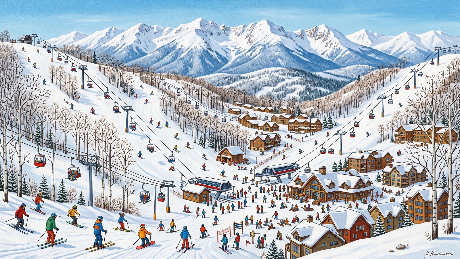 Painted city portrait of Winter Park, CO — the ski village and slopes, informed by Ivan Generalić.