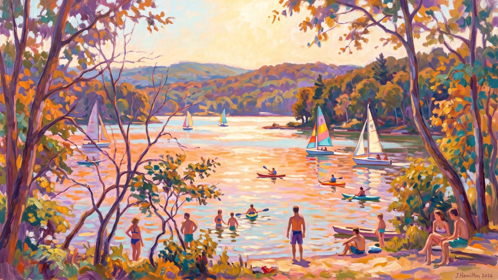 Painted city portrait of Morris, CT — Bantam Lake, informed by Pierre Bonnard.