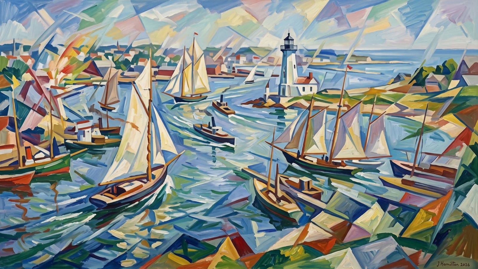 Painted city portrait of New London, CT — New London Harbor Light, informed by Umberto Boccioni.