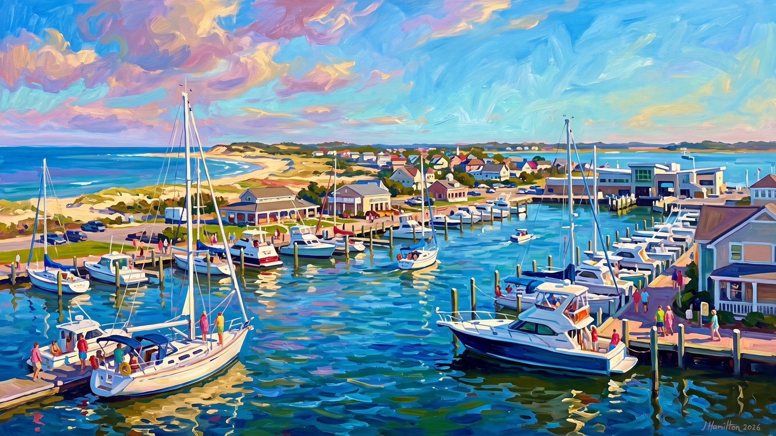 Painted city portrait of Lewes, DE — Lewes Harbor and Cape Henlopen from Offshore, informed by Anna Boberg.