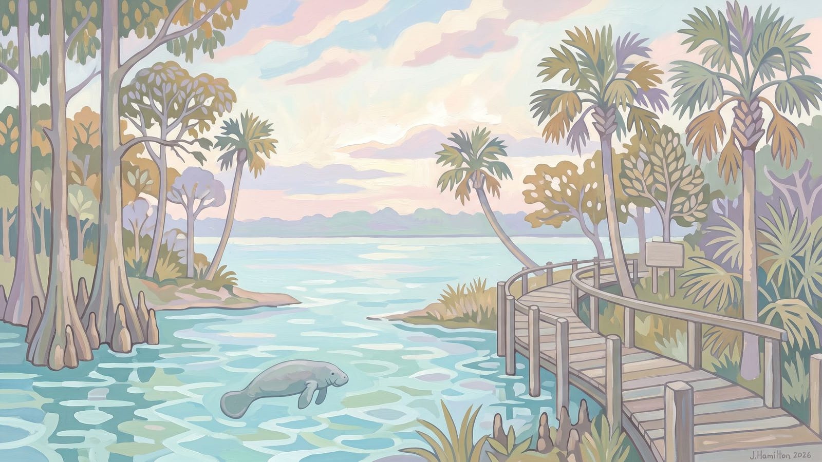 Painted city portrait of Crystal River, FL — Crystal River Springs, informed by Maurice Denis.