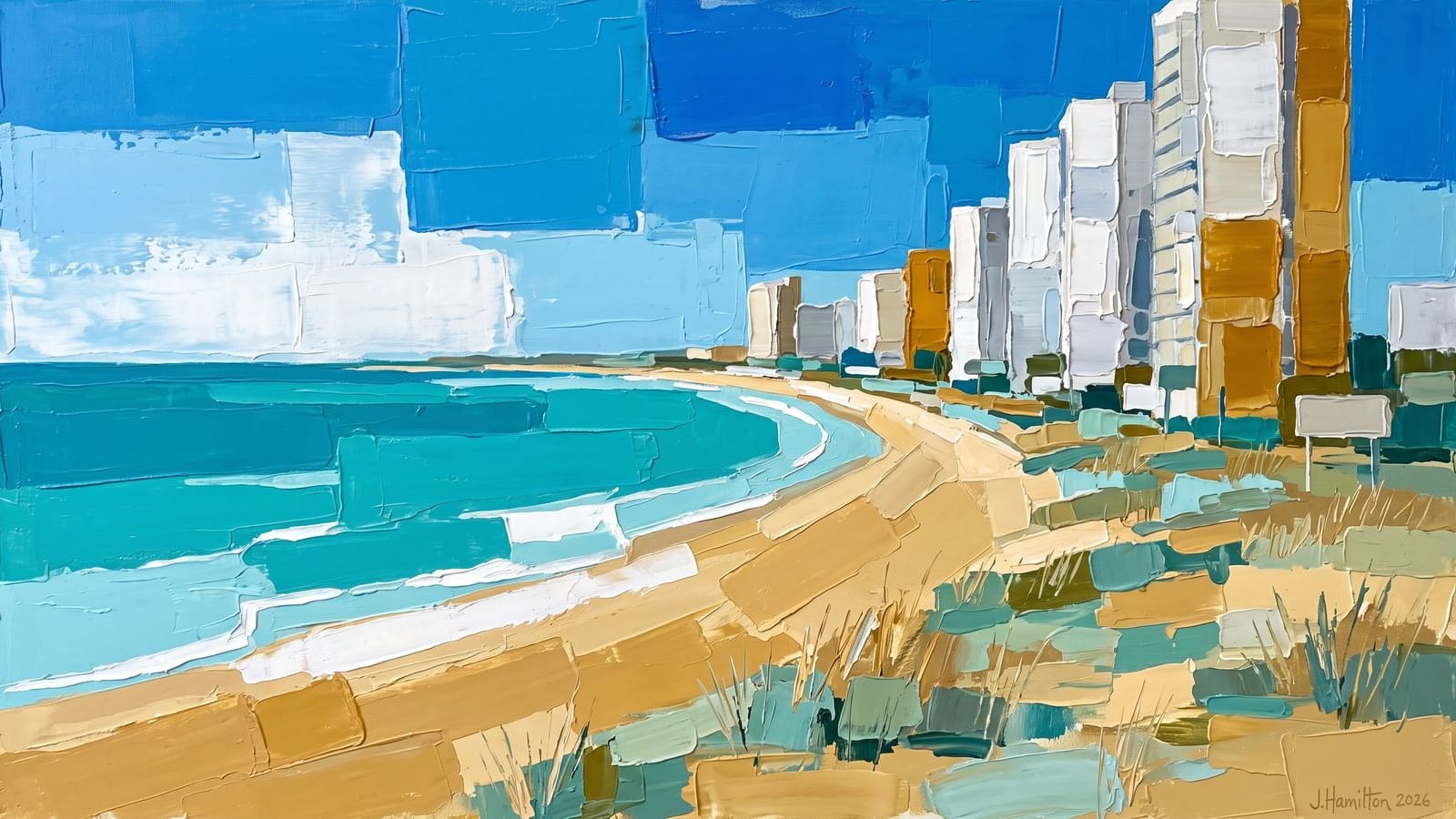 Painted city portrait of Marco Island, FL — Beachfront, informed by Nicolas de Staël.