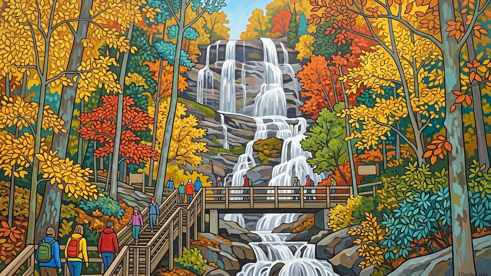 Painted city portrait of Dawsonville, GA — Amicalola Falls in Autumn, informed by Koloman Moser.