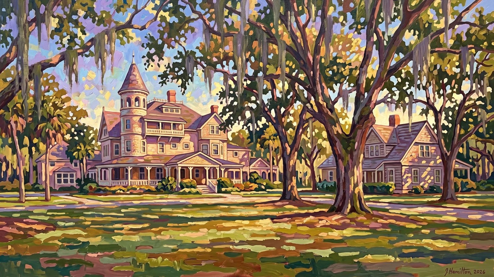 Painted city portrait of Jekyll Island, GA — Jekyll Island Club, informed by Pierre Bonnard.