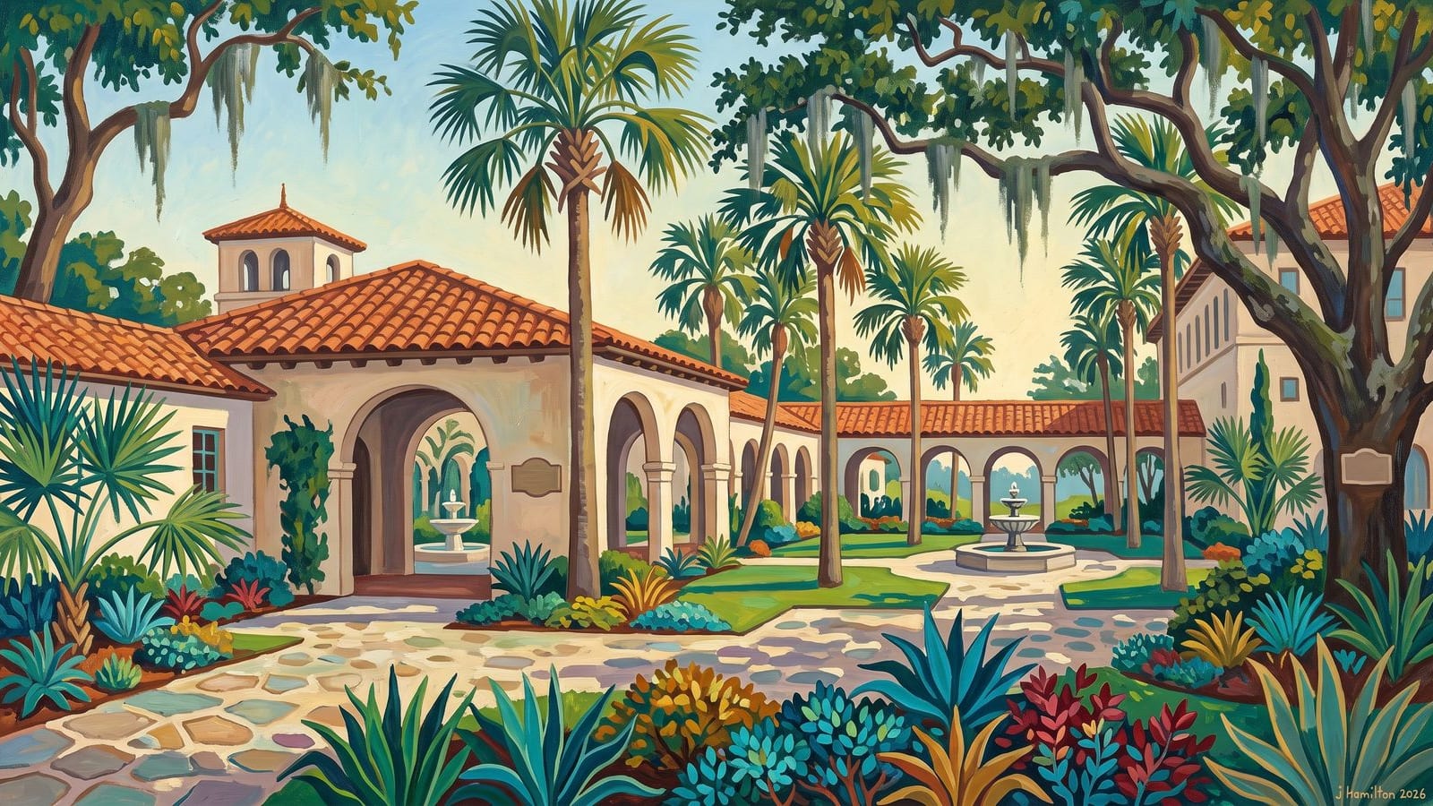 Painted city portrait of Sea Island, GA — The Cloister, informed by Nils Dardel.