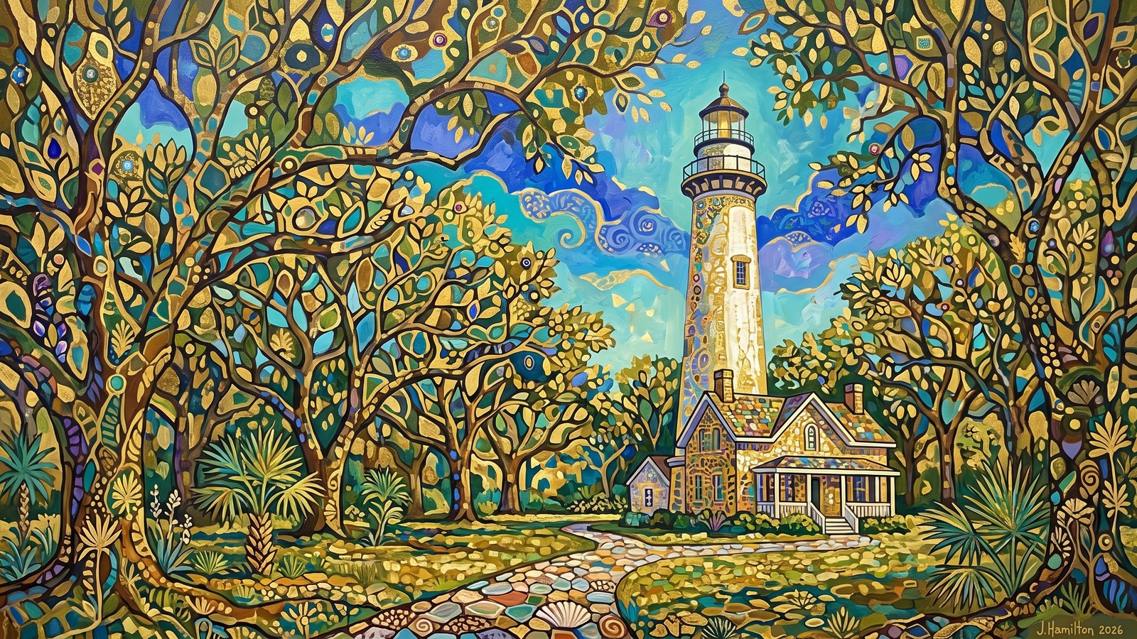 Painted city portrait of St. Simons, GA — the St. Simons Lighthouse and live oaks, informed by Gustav Klimt.