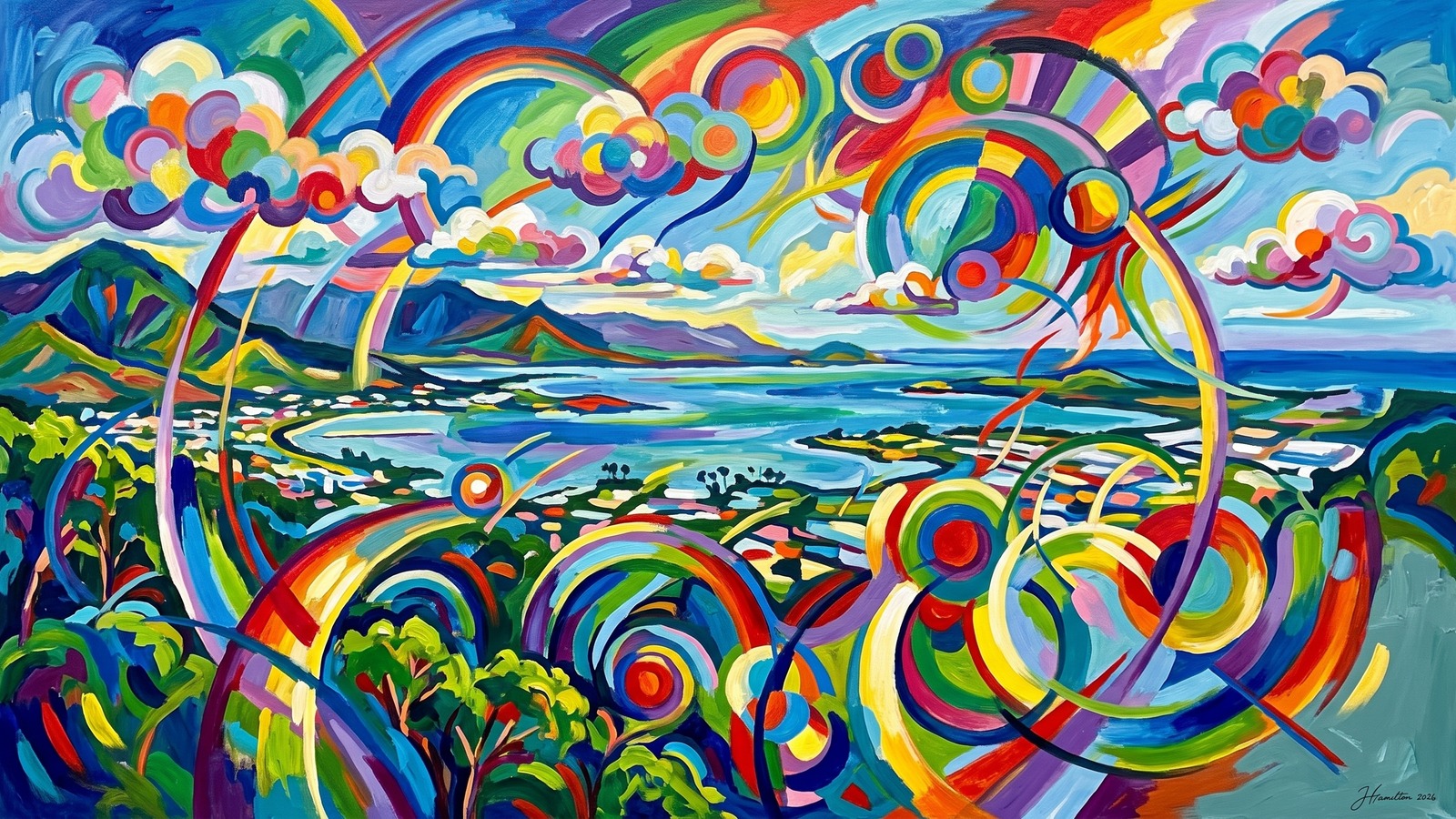 Painted city portrait of Aiea, HI — the Keaiwa ridge over Pearl Harbor, informed by Wassily Kandinsky.