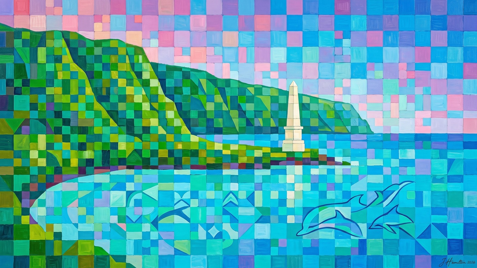 Painted city portrait of Captain Cook, HI — Kealakekua Bay, informed by Paul Klee.