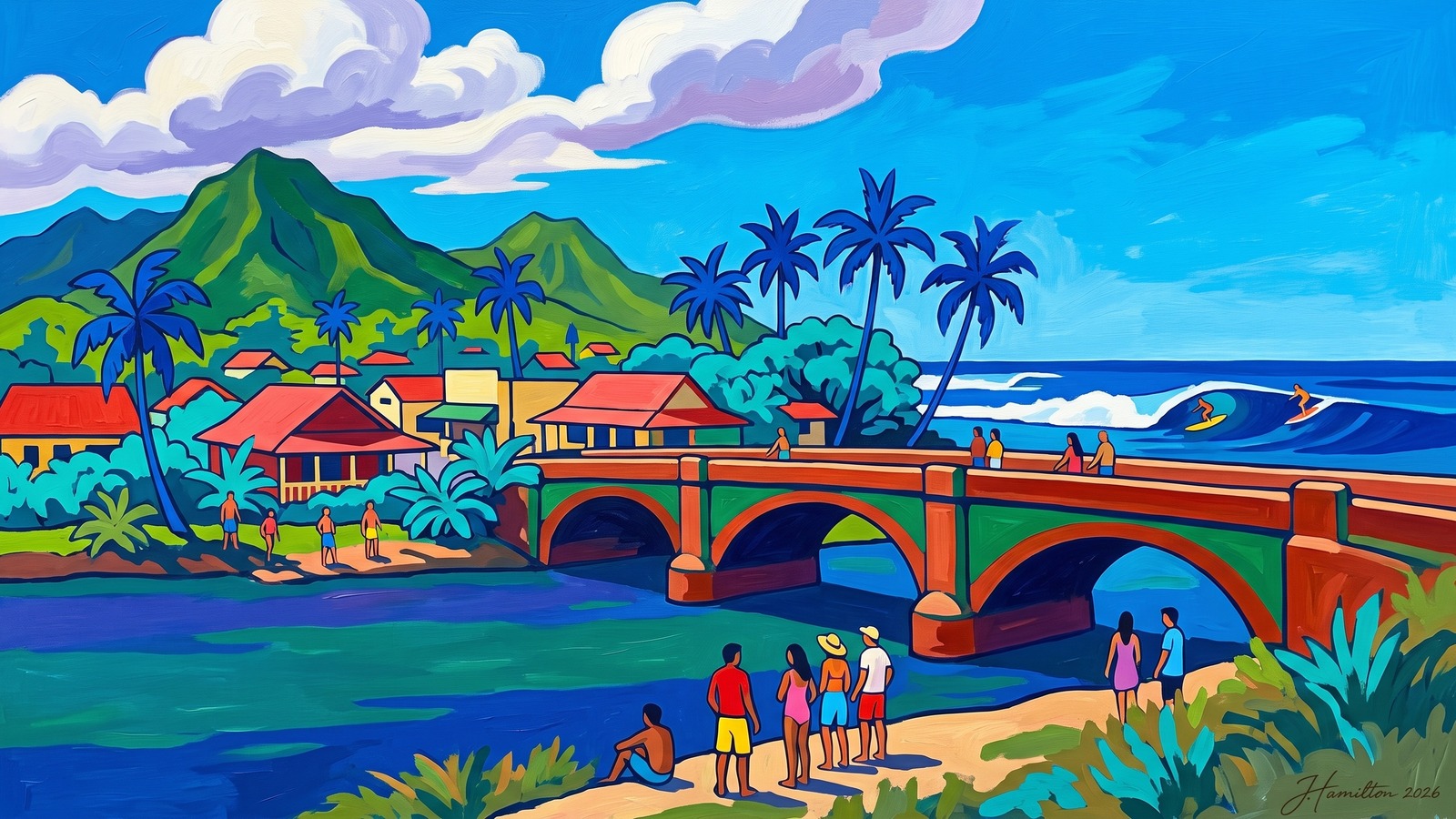 Painted city portrait of Haleʻiwa, HI — the Haleʻiwa Rainbow Bridge, informed by Paul Gauguin.