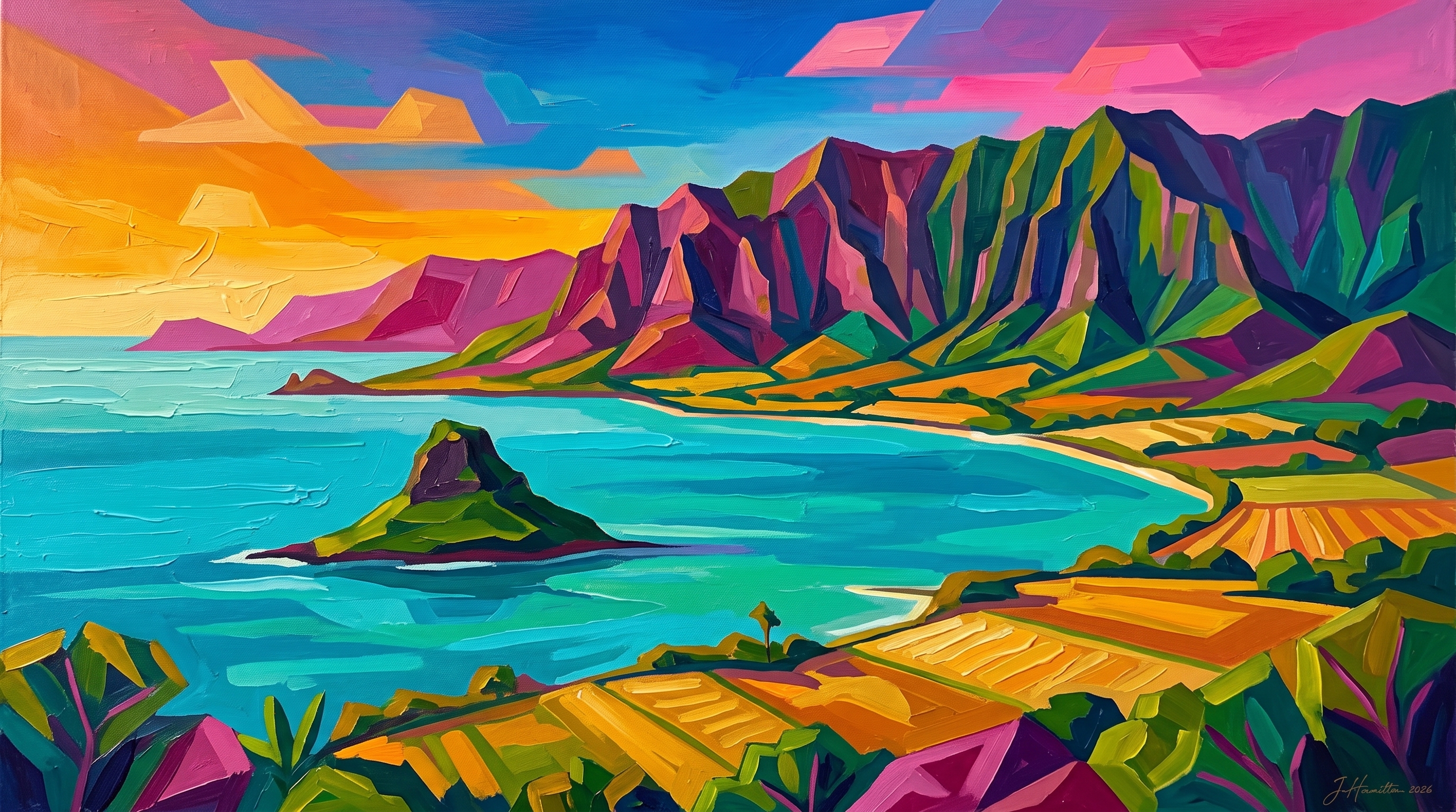 Painted city portrait of Kaneohe, HI — Kāneʻohe Bay & Mokoliʻi Islet, informed by Rufino Tamayo.