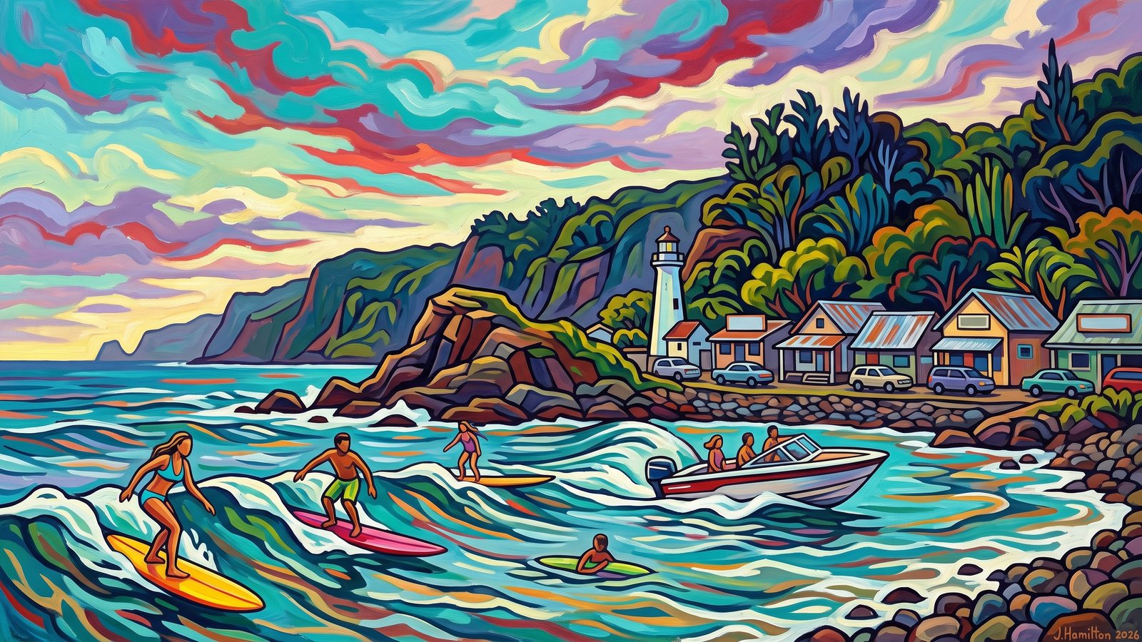 Painted city portrait of Laupahoehoe, HI — Laupahoehoe Point from Offshore, informed by Akseli Gallen-Kallela.