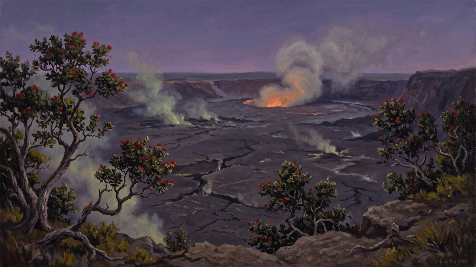 Painted city portrait of Volcano, HI — in the manner of D. Howard Hitchcock.