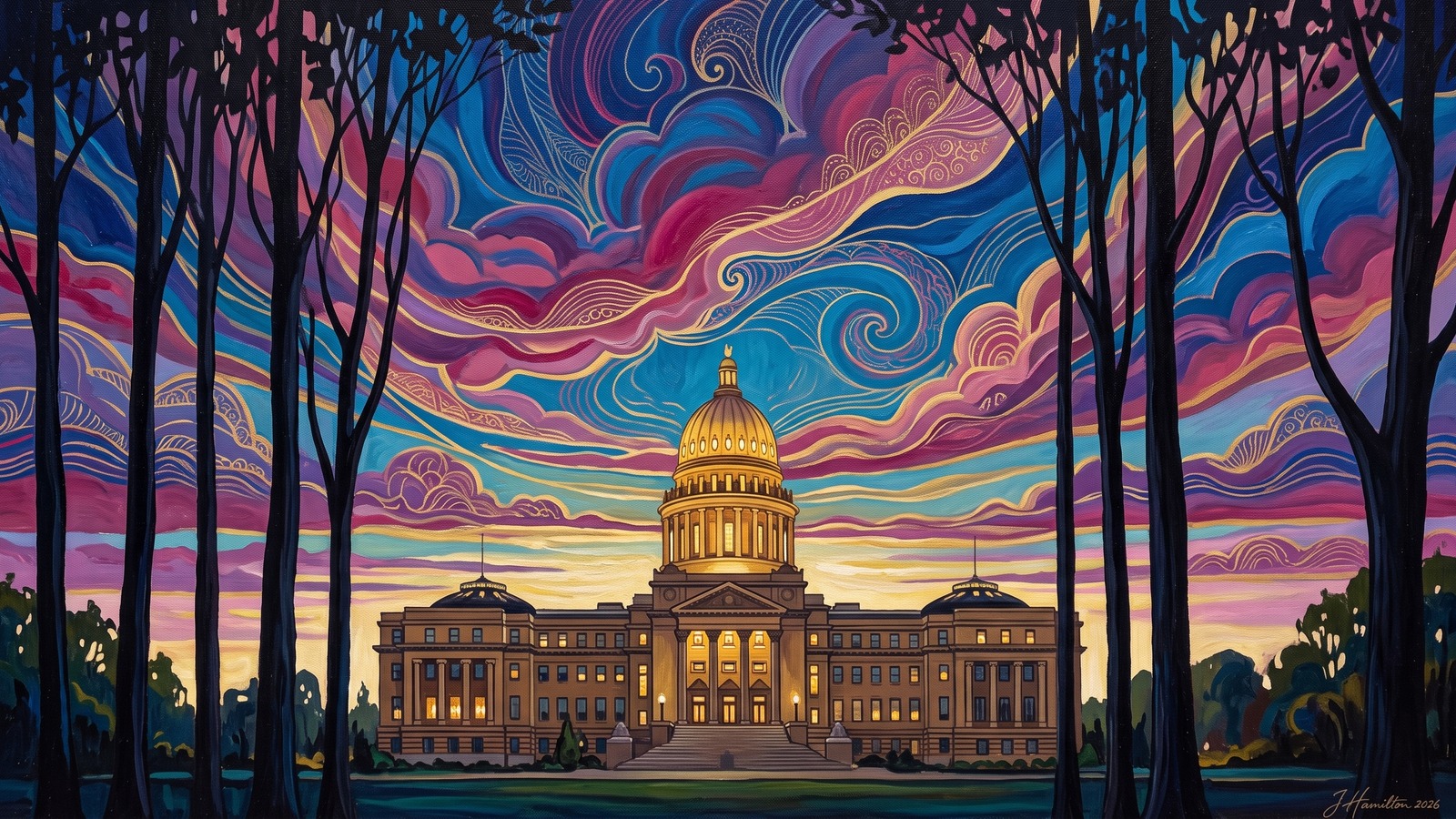 Painted city portrait of Boise, ID — the Idaho State Capitol, informed by Kay Nielsen.