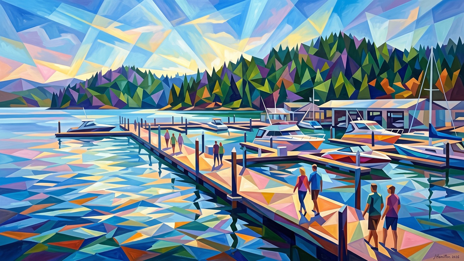 Painted city portrait of Coeur d'Alene, ID — the Lake Coeur d'Alene floating boardwalk, informed by Lyonel Feininger.