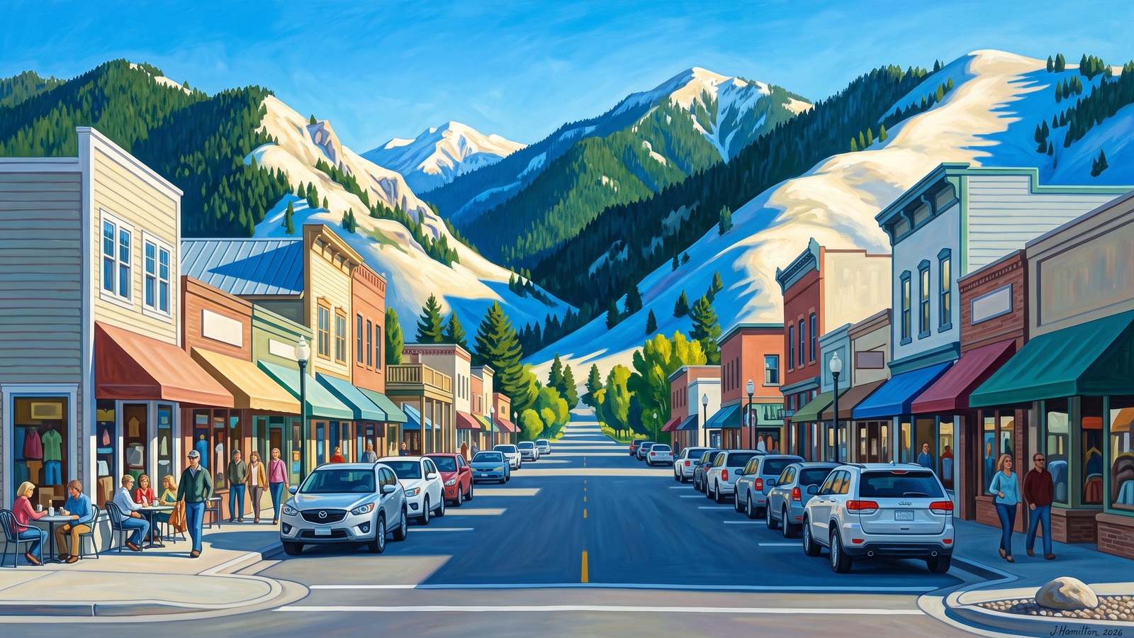 Painted city portrait of Hailey, ID — the Wood River Valley Main Street, informed by Harald Sohlberg.