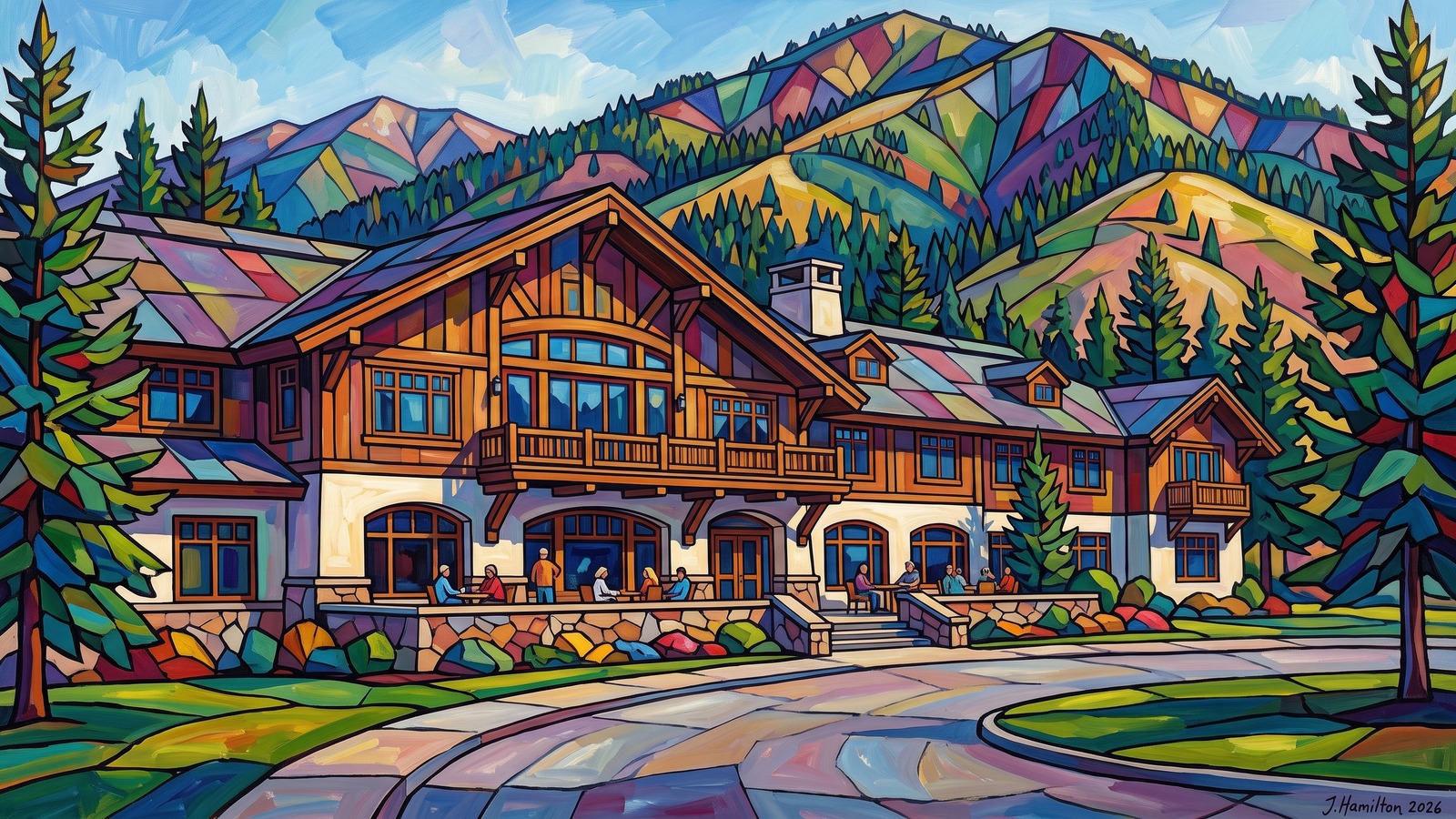 Painted city portrait of Ketchum, ID — Sun Valley Lodge, informed by Heinrich Campendonk.