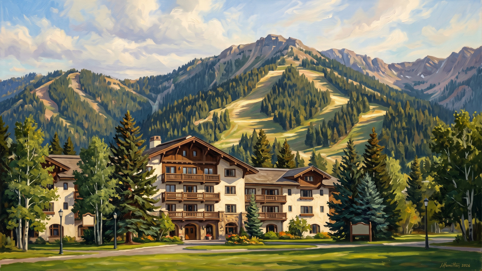 Painted city portrait of Sun Valley, ID — Sun Valley Lodge and Bald Mountain, informed by John Fery.