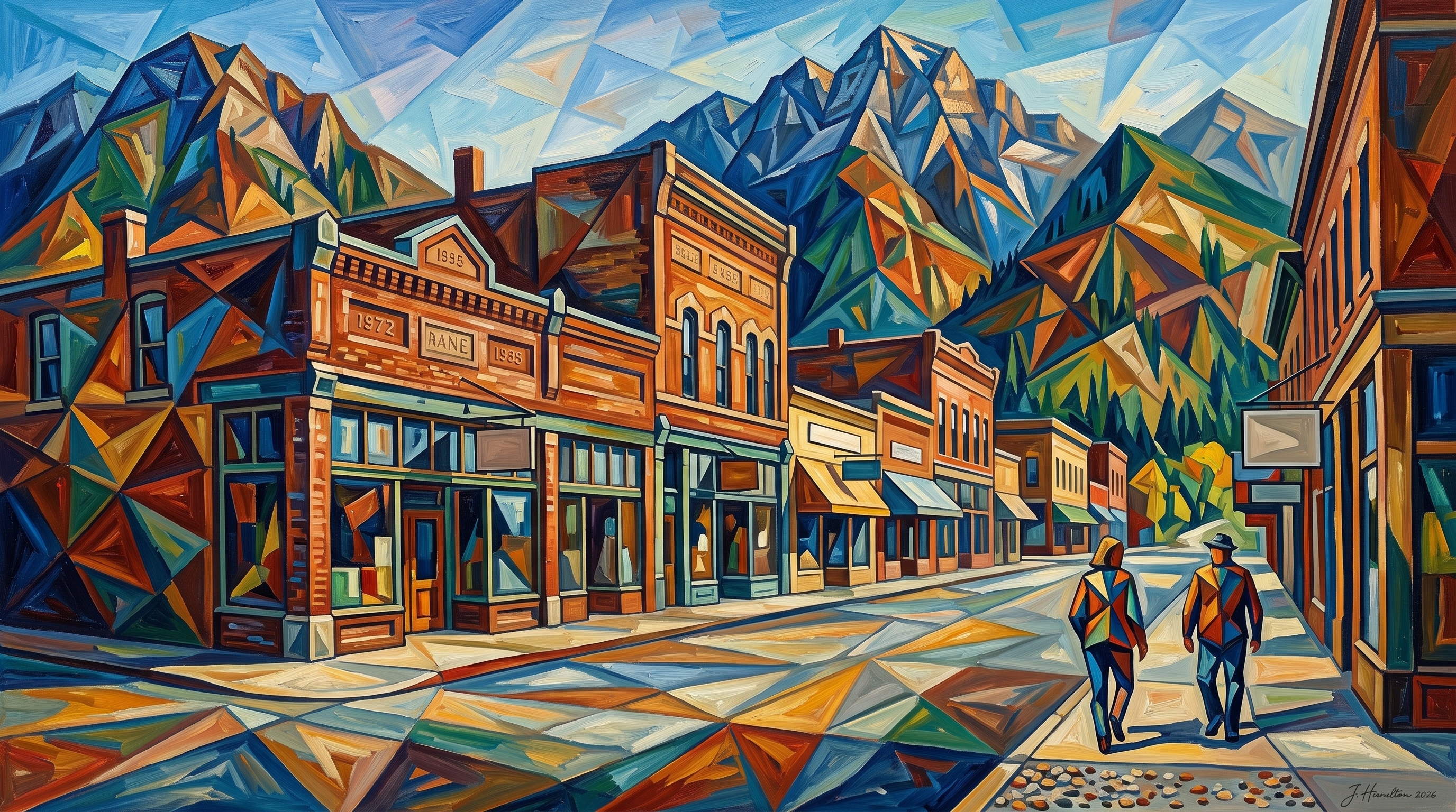 Painted city portrait of Wallace, ID — Historic Main Street Mining District, informed by Bohumil Kubišta.
