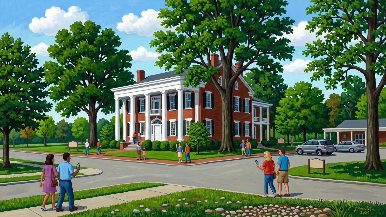 Painted city portrait of Bardstown, KY — My Old Kentucky Home, the Federal Hill mansion, informed by Horace Pippin.