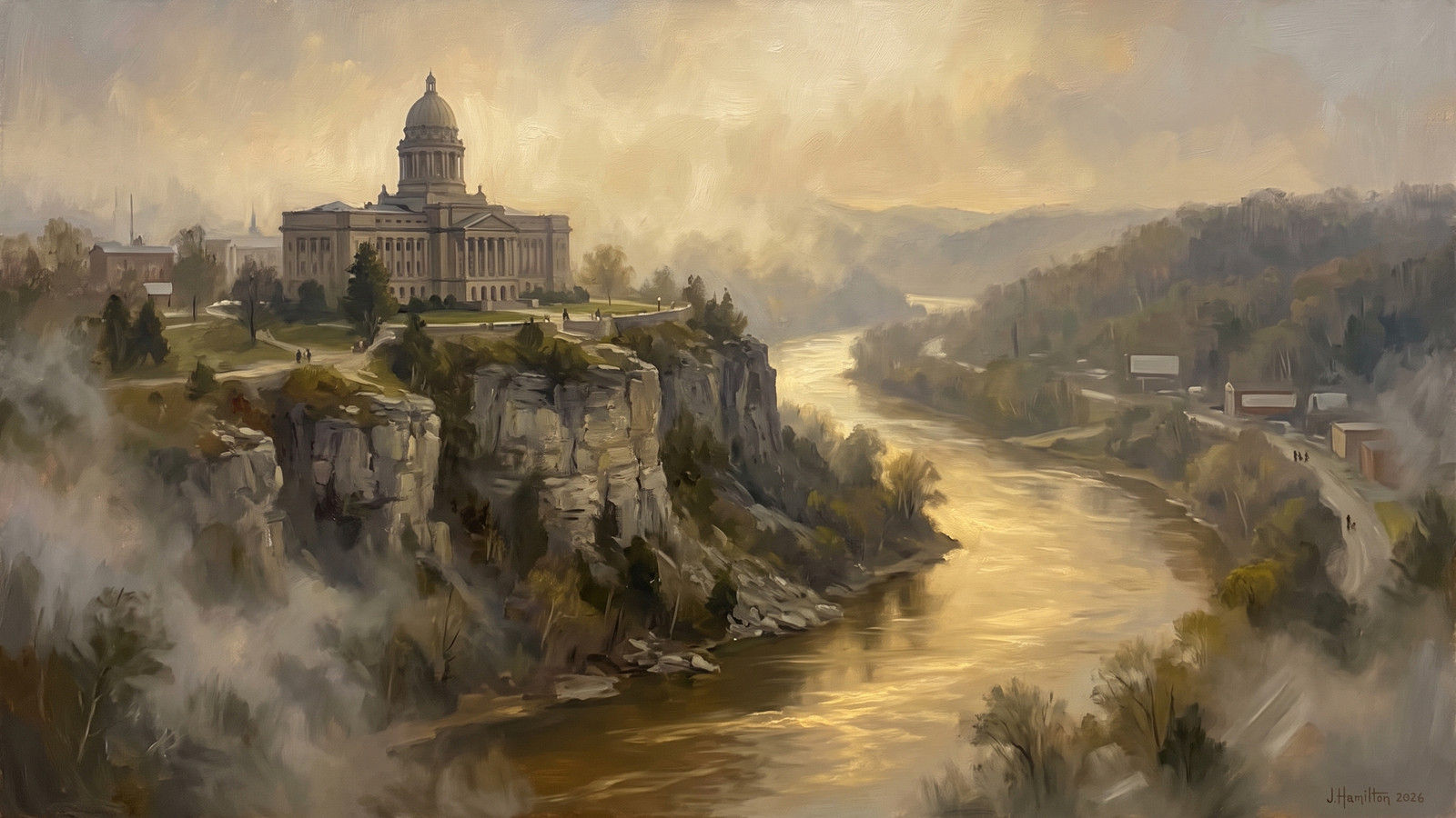 Painted city portrait of Frankfort, KY — Kentucky River Gorge and Old State Capitol, informed by J.M.W. Turner.