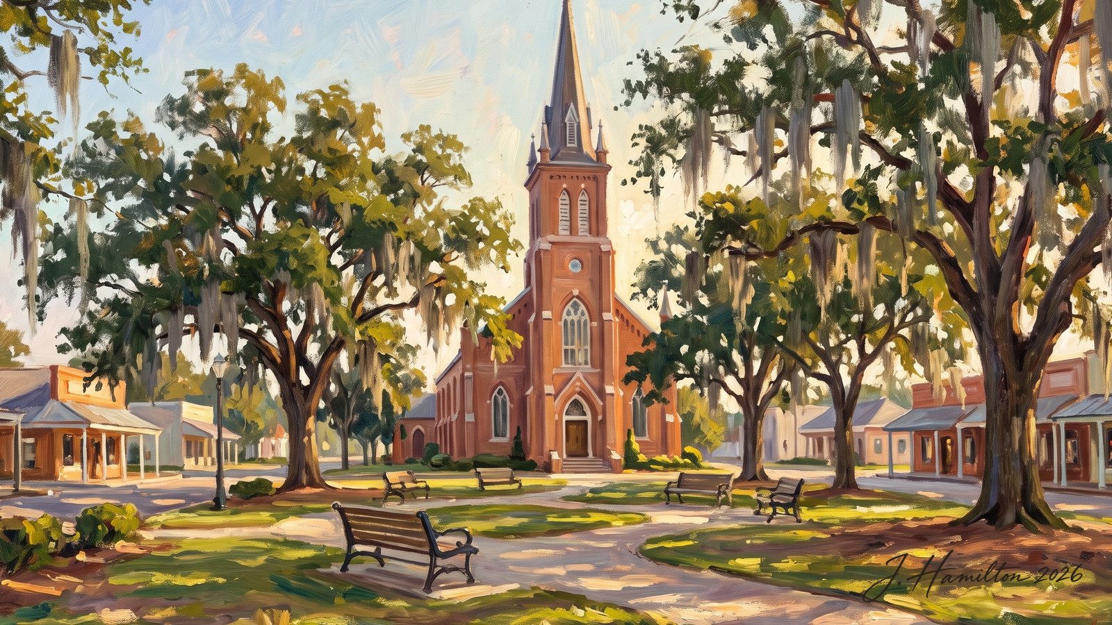 Painted city portrait of Abbeville, LA — informed by Ellsworth Woodward.