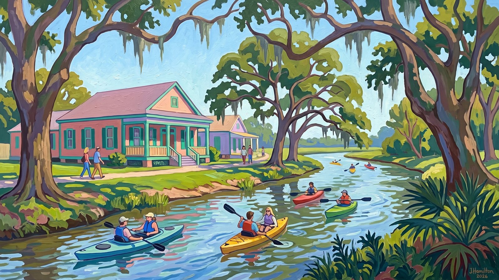 Painted city portrait of Arnaudville, LA — Bayou Teche at the NUNU Arts Collective, informed by Maurice Denis.