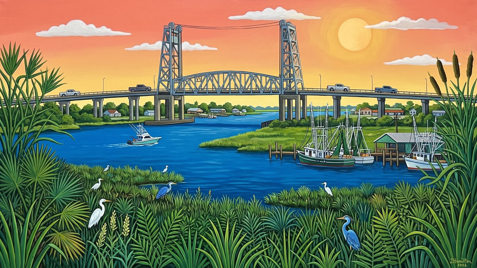 Painted city portrait of Hackberry, LA — Ellender Lift Bridge over the Calcasieu, informed by Henri Rousseau.