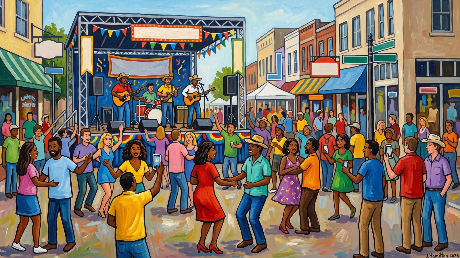 Painted city portrait of Lafayette, LA — Downtown Festival with Cajun Music, informed by Niko Pirosmani.