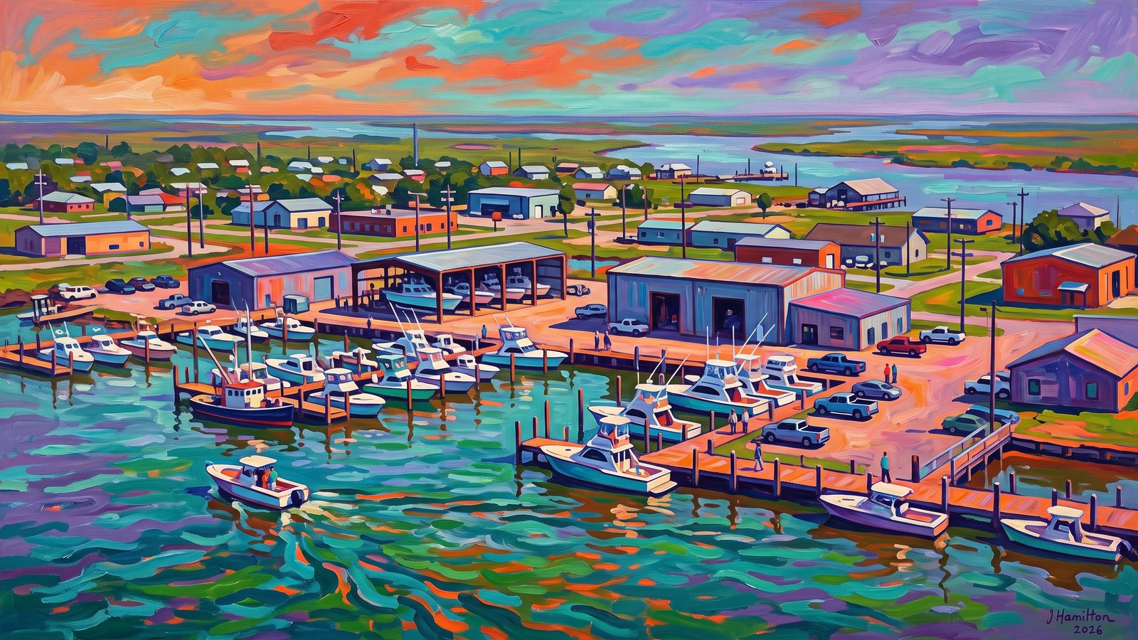 Painted city portrait of Venice, LA — Venice Marina and Delta from Offshore, informed by Henri Manguin.