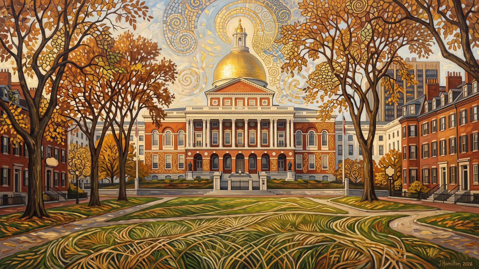 Painted city portrait of Boston, MA — The State House, informed by Gustav Klimt.