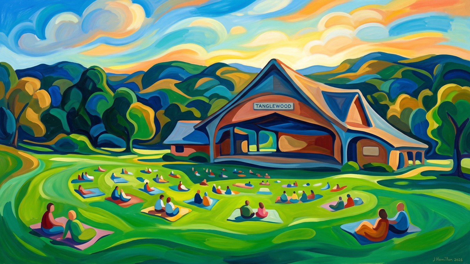 Painted city portrait of Lenox, MA — the Tanglewood shed lawn, informed by Arthur Dove.
