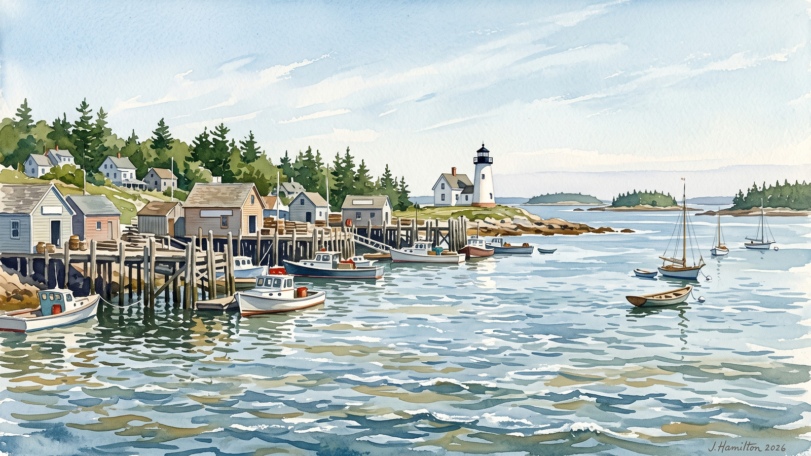 Painted city portrait of Boothbay Harbor, ME — informed by Charles Herbert Woodbury.