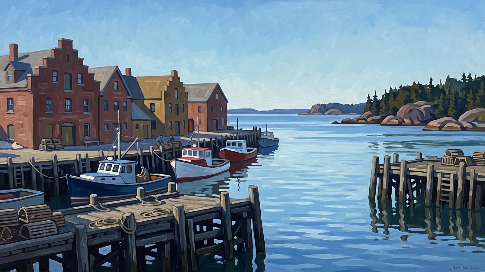 Painted city portrait of Eastport, ME — Easternmost Harbor on Passamaquoddy Bay, informed by Akseli Gallen-Kallela.