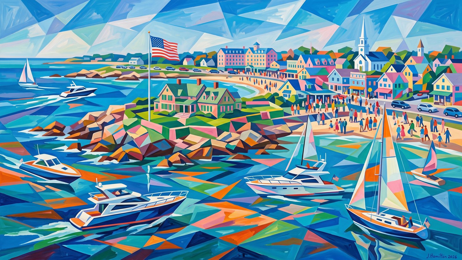 Painted city portrait of Kennebunkport, ME — Walkers Point Shoreline from Offshore, informed by Gino Severini.