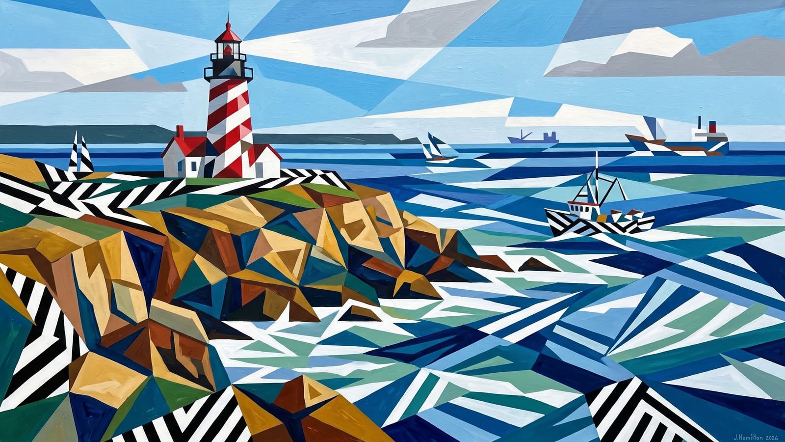Painted city portrait of Lubec, ME — West Quoddy Head Lighthouse, informed by Edward Wadsworth.