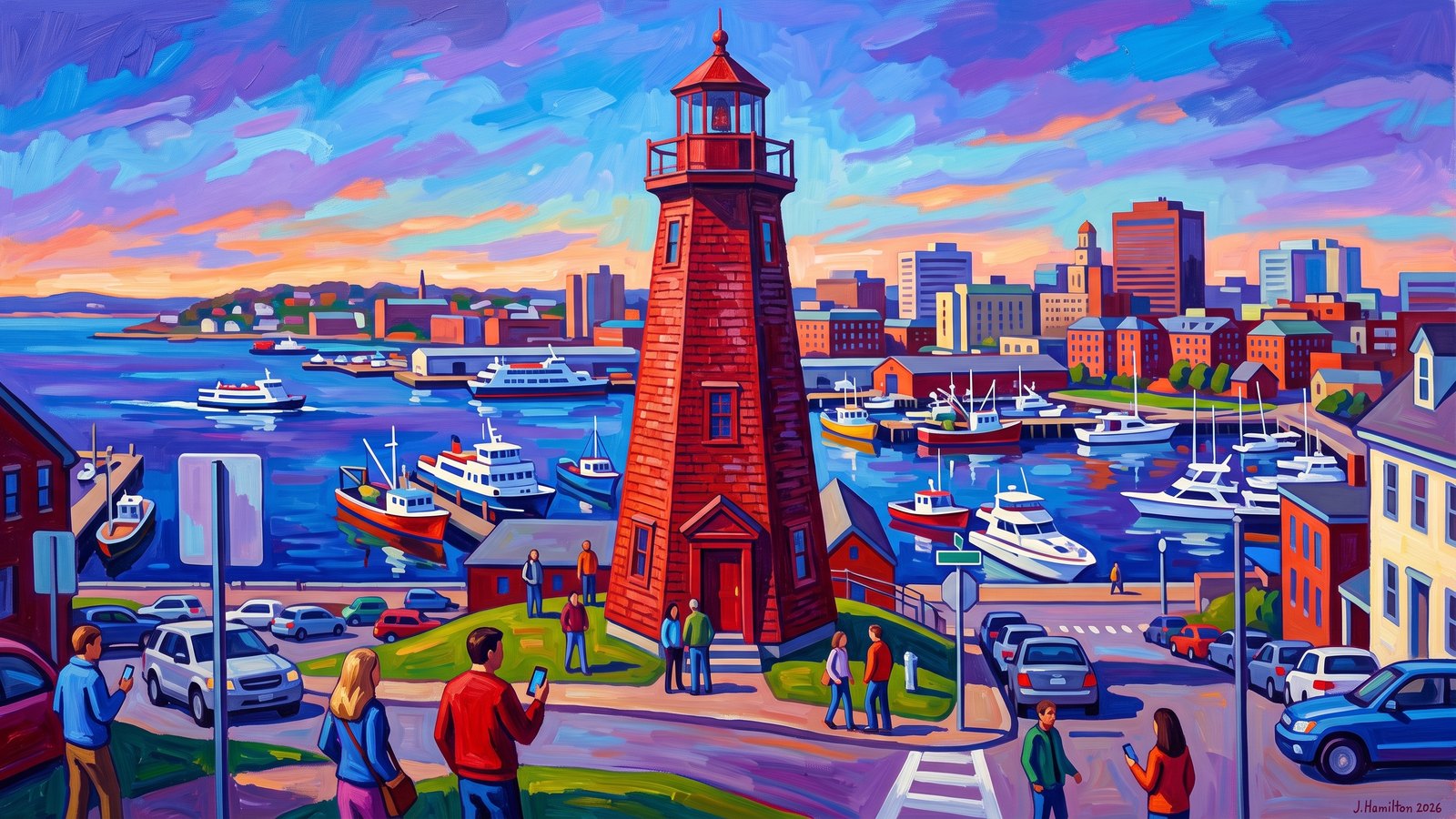 Painted city portrait of Portland, ME — Portland Observatory on Munjoy Hill, informed by Oscar Bluemner.