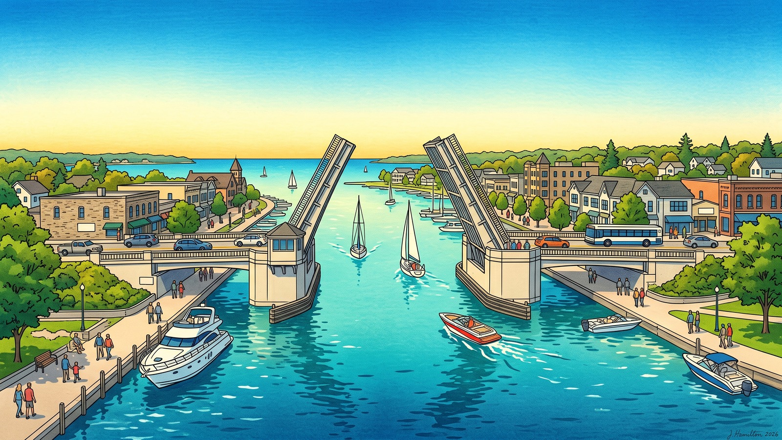 Painted city portrait of Charlevoix, MI — Round Lake drawbridge, informed by Tsuchiya Koitsu.