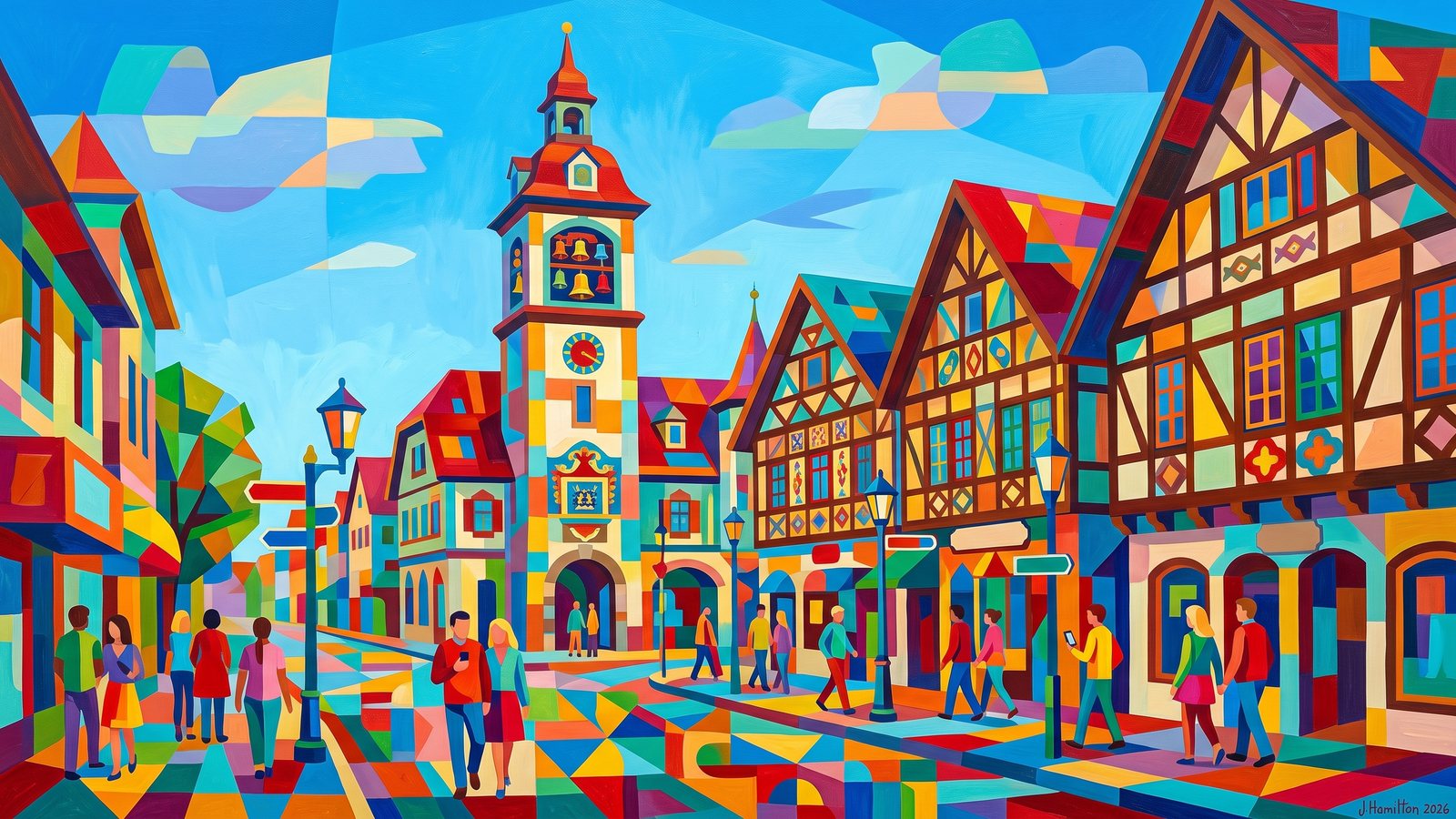 Painted city portrait of Frankenmuth, MI — the Bavarian Main Street and Glockenspiel tower, informed by Paul Klee.