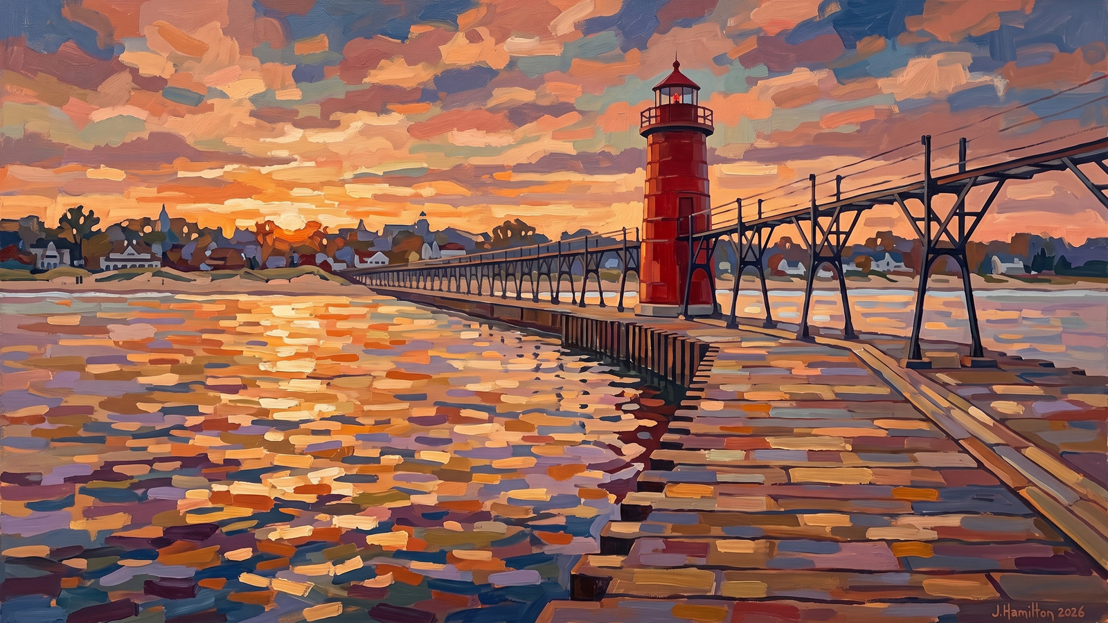 Painted city portrait of Grand Haven, MI — Lighthouse and catwalk pier, informed by Maurice Prendergast.