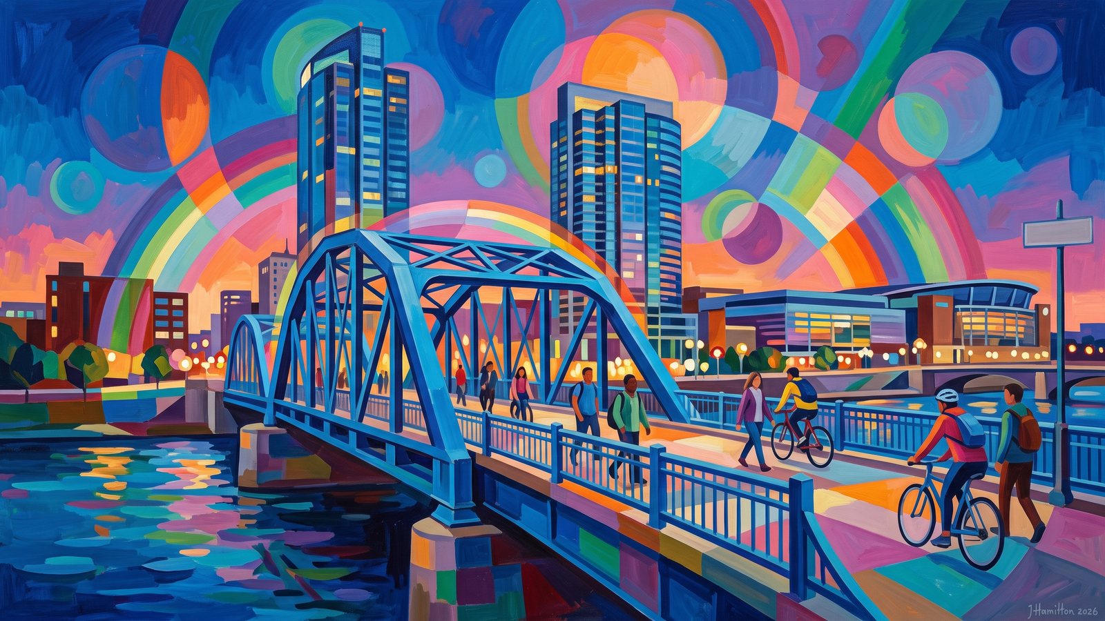 Painted city portrait of Grand Rapids, MI — Blue Bridge and the Grand River Skyline, informed by Robert Delaunay.