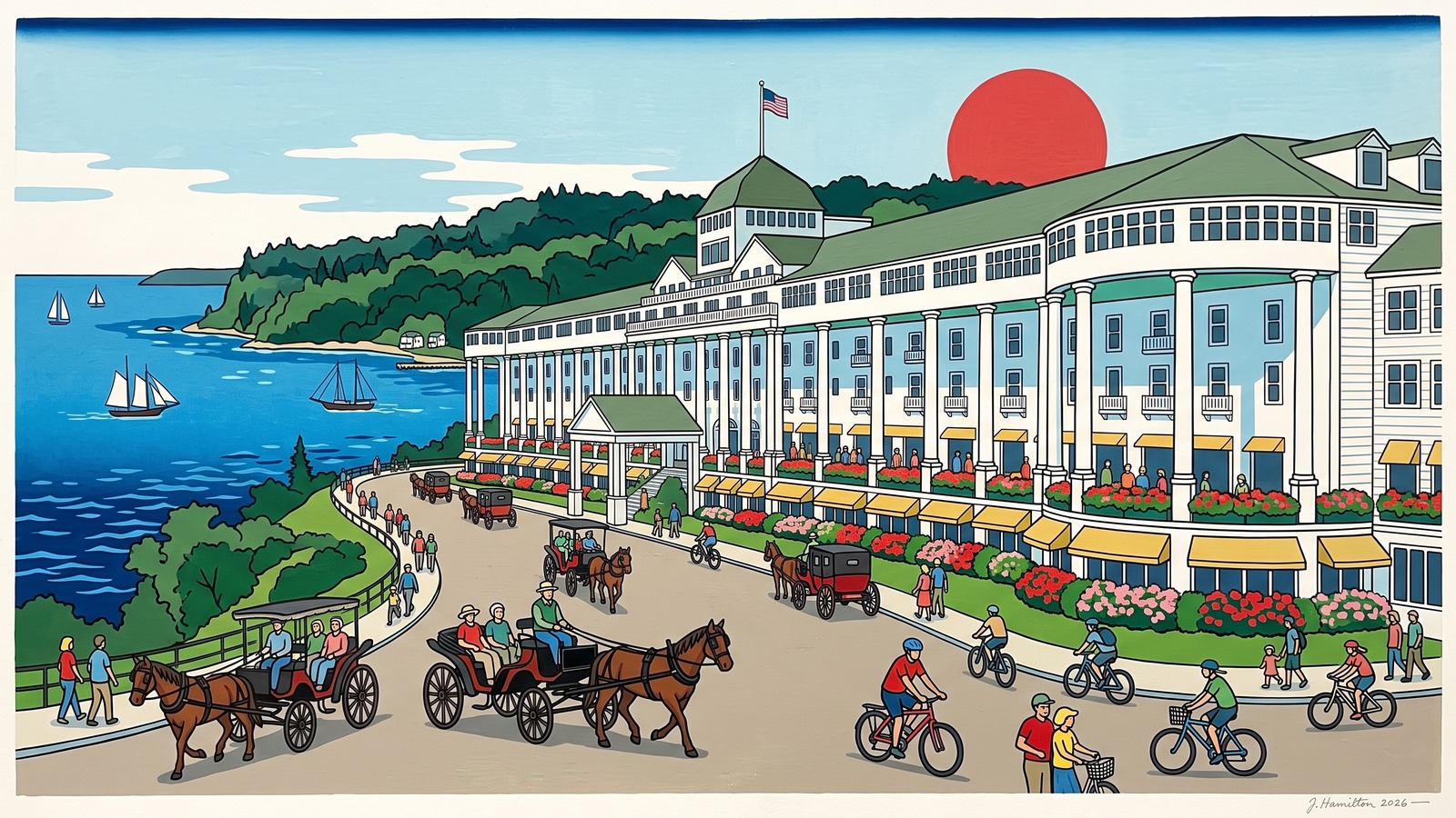 Painted city portrait of Mackinac Island