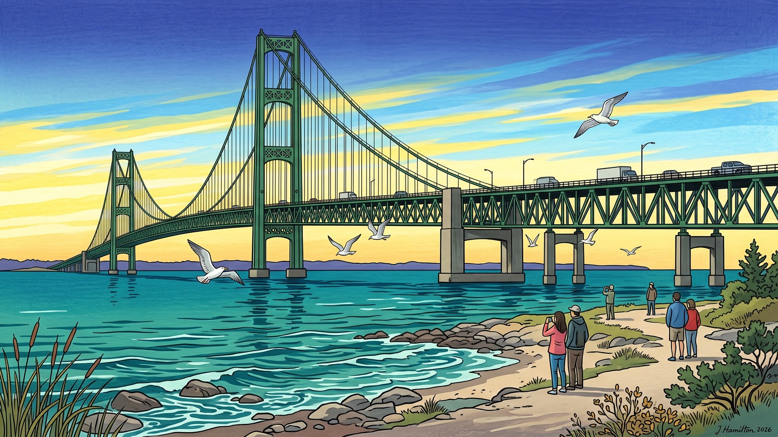 Painted city portrait of Mackinaw City, MI — Mackinac Bridge span, informed by Ohara Koson.
