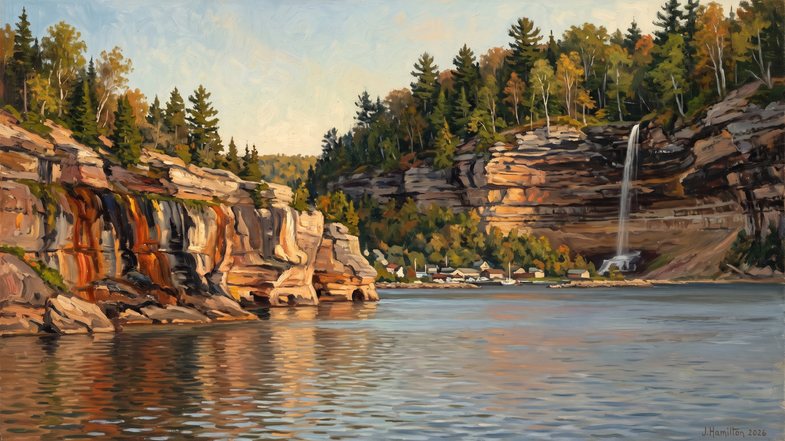 Painted city portrait of Munising, MI — Munising Falls and Pictured Rocks shoreline, informed by Myron Barlow.