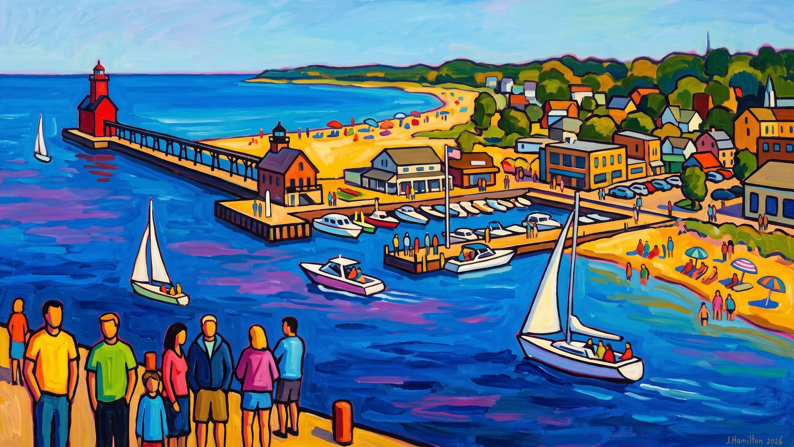Painted city portrait of South Haven, MI — South Pier Lighthouse from Offshore, informed by Alexej von Jawlensky.
