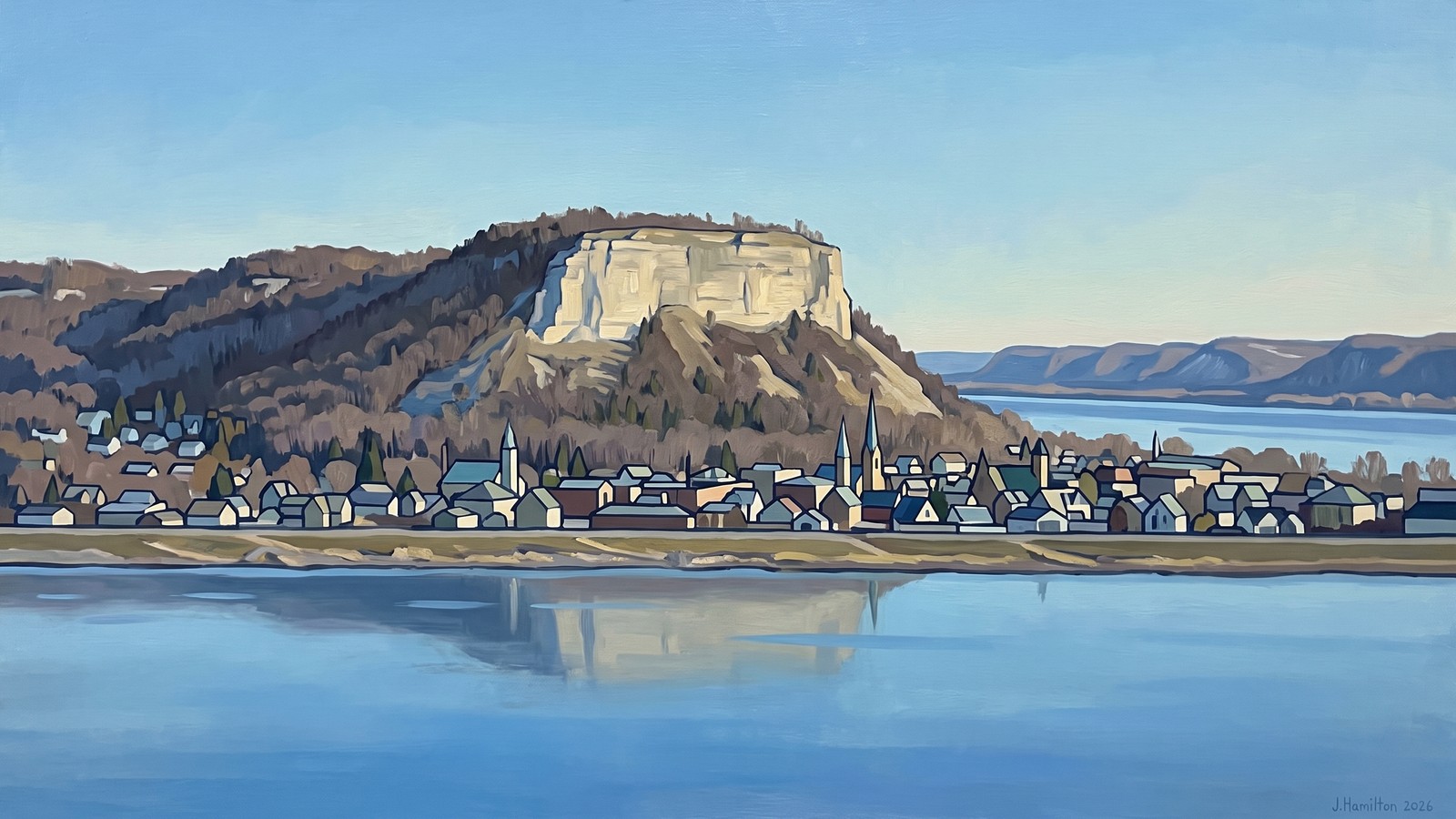 Painted city portrait of Red Wing, MN — Barn Bluff, informed by Ferdinand Hodler.