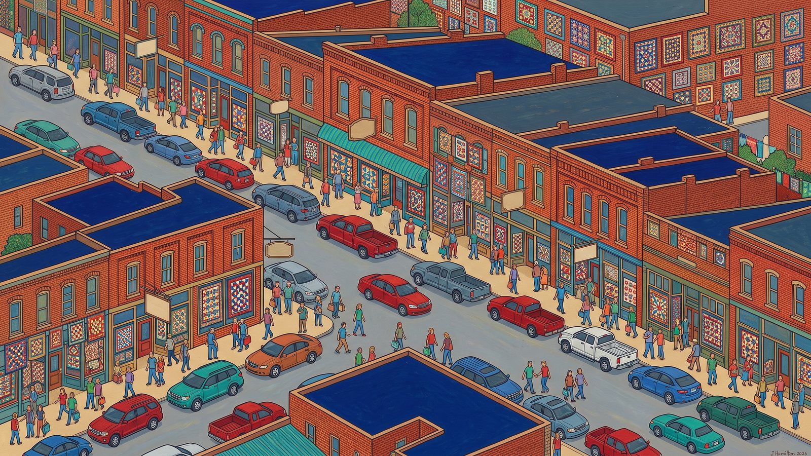 Painted city portrait of Hamilton, MO — Main Street Quilt Shops, informed by Behzād.