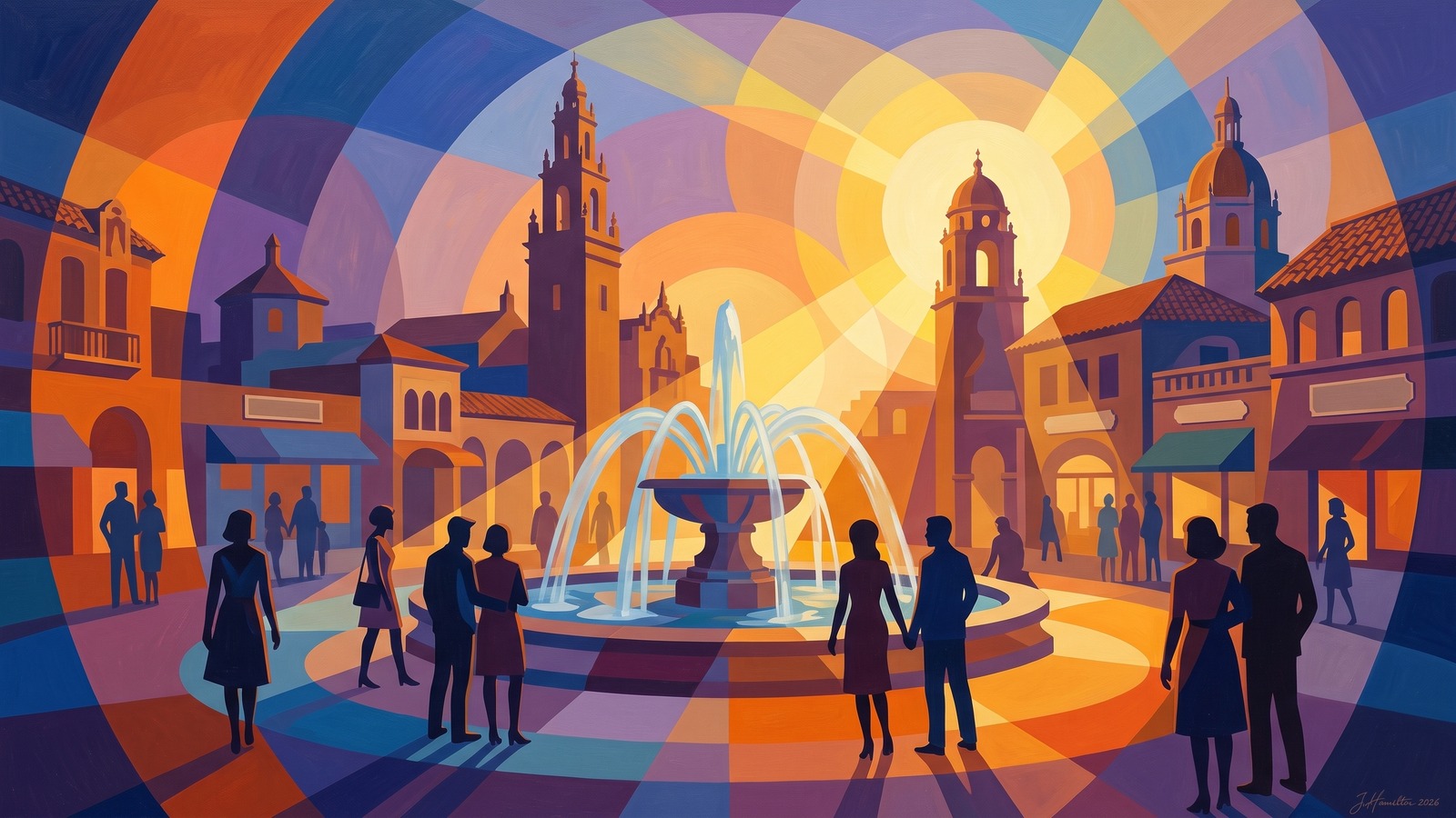Painted city portrait of Kansas City, MO — the Country Club Plaza, informed by Aaron Douglas.