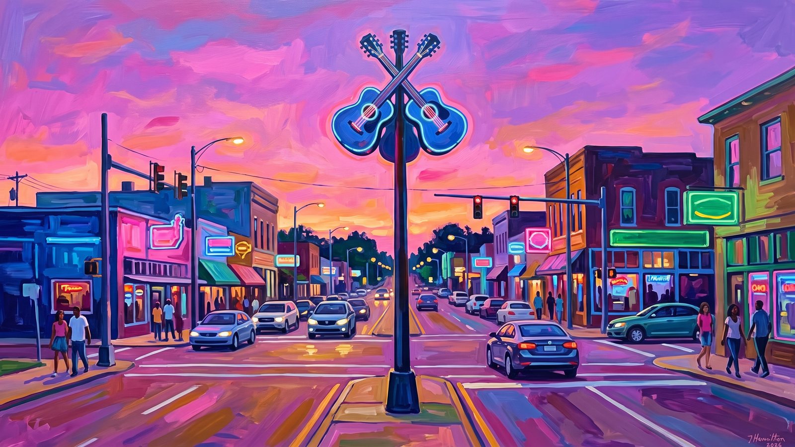 Painted city portrait of Clarksdale, MS — the Crossroads Guitar Sign at Highways 61 and 49, informed by Kees van Dongen.