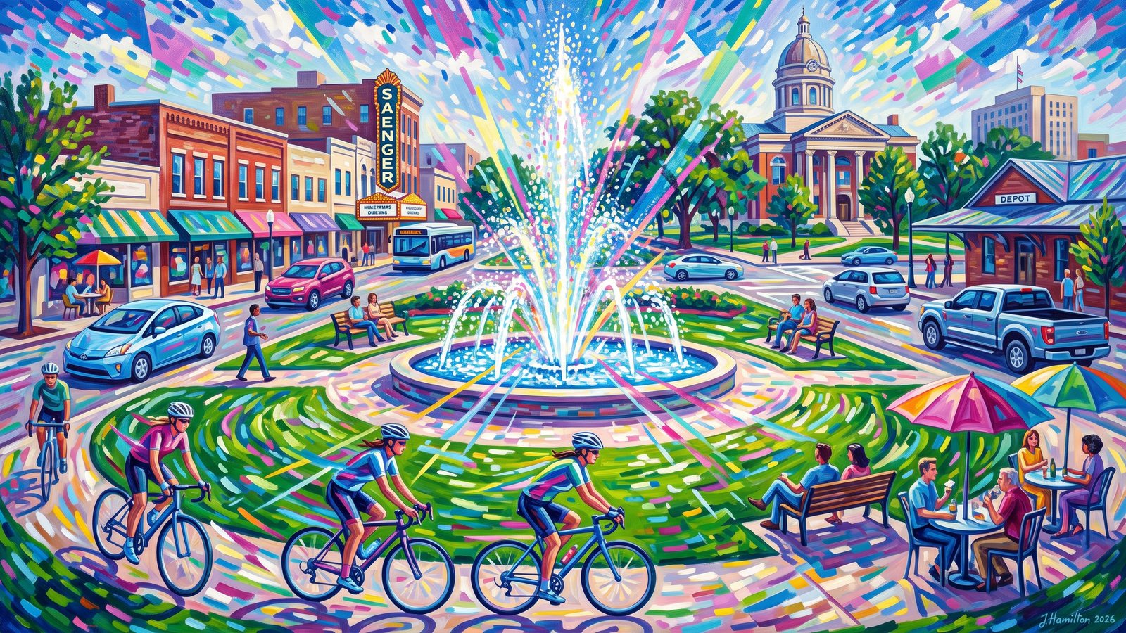 Painted city portrait of Hattiesburg, MS — Town Square Park and Downtown Hattiesburg, informed by Gino Severini.